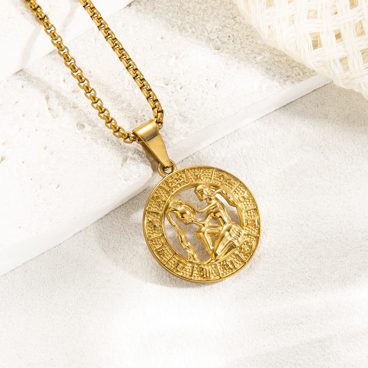 Gold Zodiac Constellation Pendant Necklace for Men Women, 12 Horoscope Sign Fashion Jewelry, Aries Leo Available