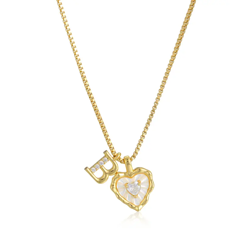 Gold Box Chain Scalloped Shell Heart CZ Initial Necklace, A-Z Micro Pave Letter Pendant, Valentine's Day Gift