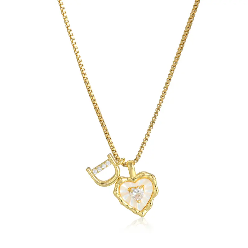 Gold Box Chain Scalloped Shell Heart CZ Initial Necklace, A-Z Micro Pave Letter Pendant, Valentine's Day Gift