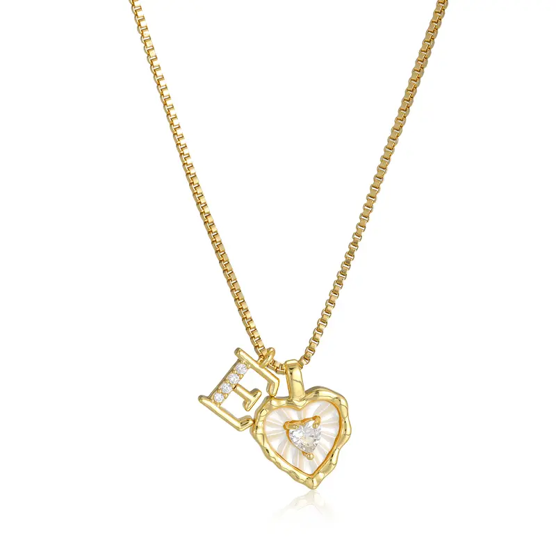 Gold Box Chain Scalloped Shell Heart CZ Initial Necklace, A-Z Micro Pave Letter Pendant, Valentine's Day Gift