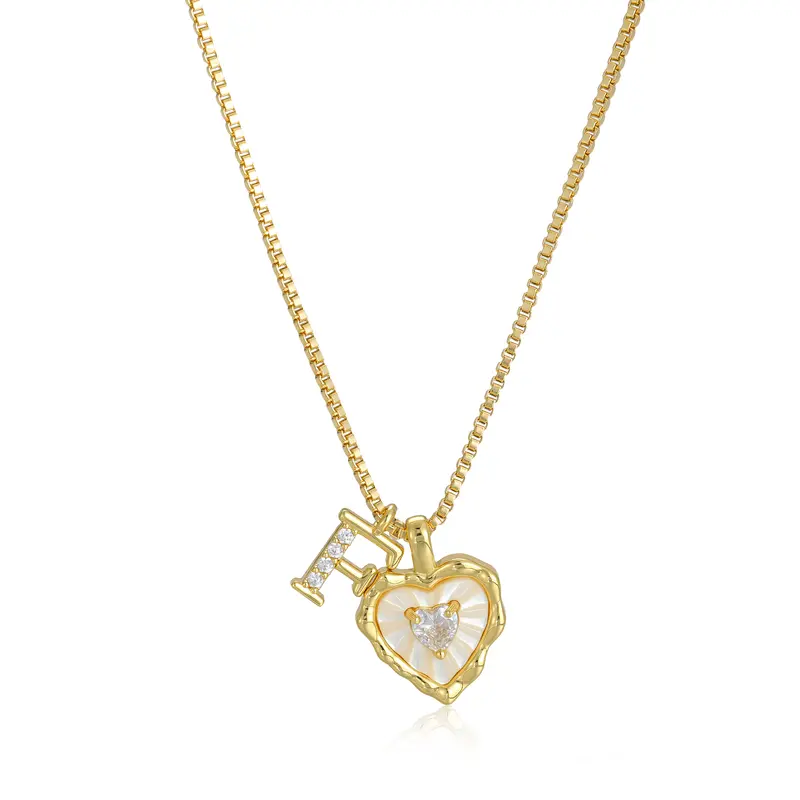 Gold Box Chain Scalloped Shell Heart CZ Initial Necklace, A-Z Micro Pave Letter Pendant, Valentine's Day Gift
