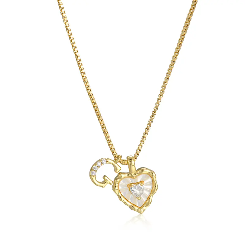 Gold Box Chain Scalloped Shell Heart CZ Initial Necklace, A-Z Micro Pave Letter Pendant, Valentine's Day Gift