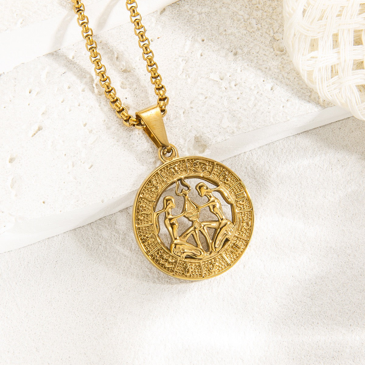 Gold Zodiac Constellation Pendant Necklace for Men Women, 12 Horoscope Sign Fashion Jewelry, Aries Leo Available