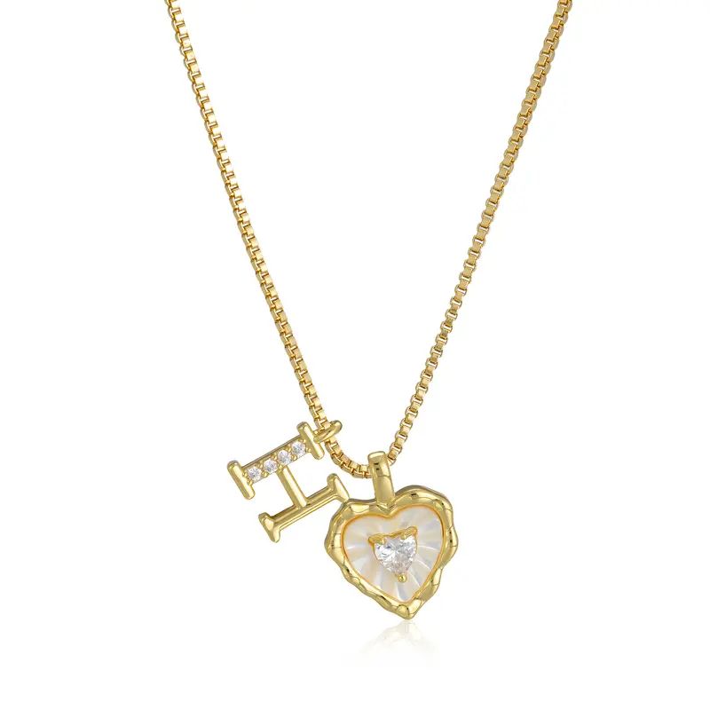 Gold Box Chain Scalloped Shell Heart CZ Initial Necklace, A-Z Micro Pave Letter Pendant, Valentine's Day Gift
