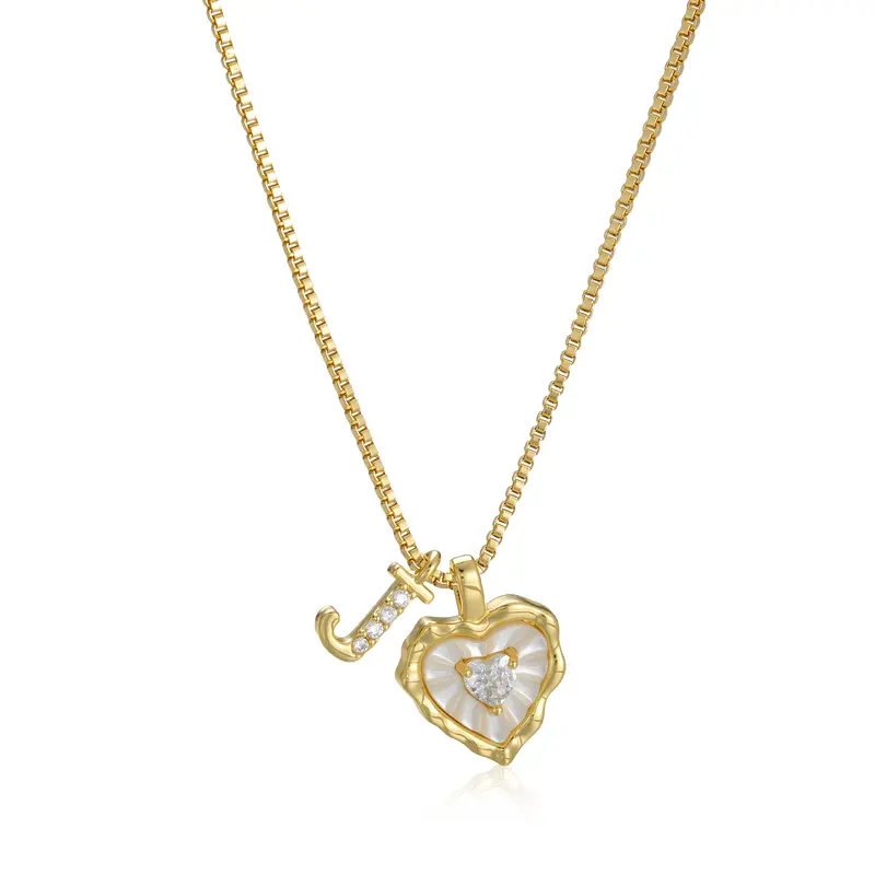Gold Box Chain Scalloped Shell Heart CZ Initial Necklace, A-Z Micro Pave Letter Pendant, Valentine's Day Gift