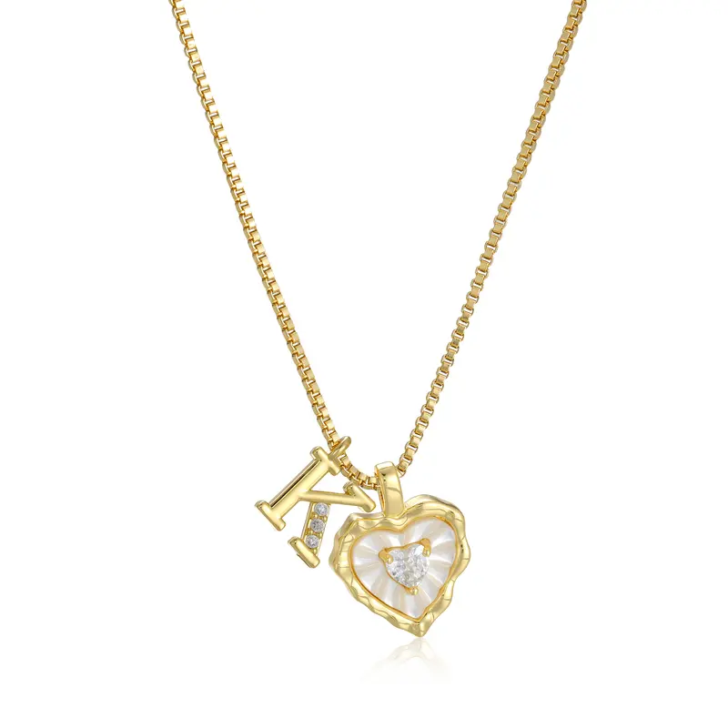 Gold Box Chain Scalloped Shell Heart CZ Initial Necklace, A-Z Micro Pave Letter Pendant, Valentine's Day Gift