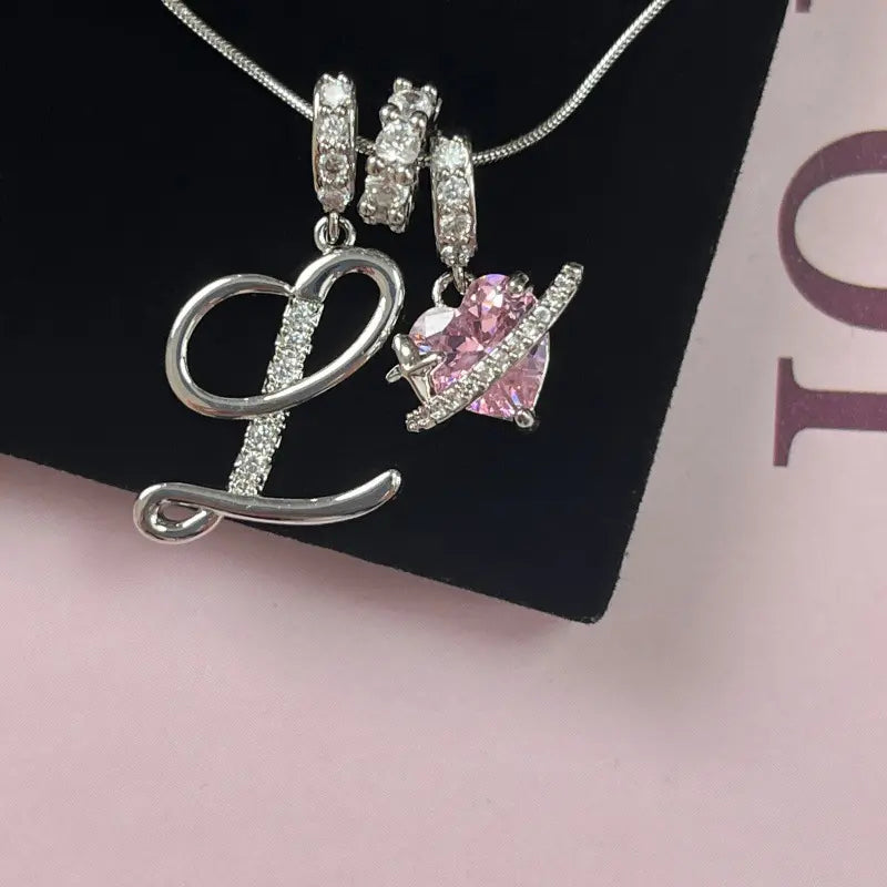 Personalized 3 Layered Initial Necklace for Women | 925 Sterling Silver Pink Heart CZ | Adjustable Snake Chain Choker | Custom Dainty Jewelry Gift