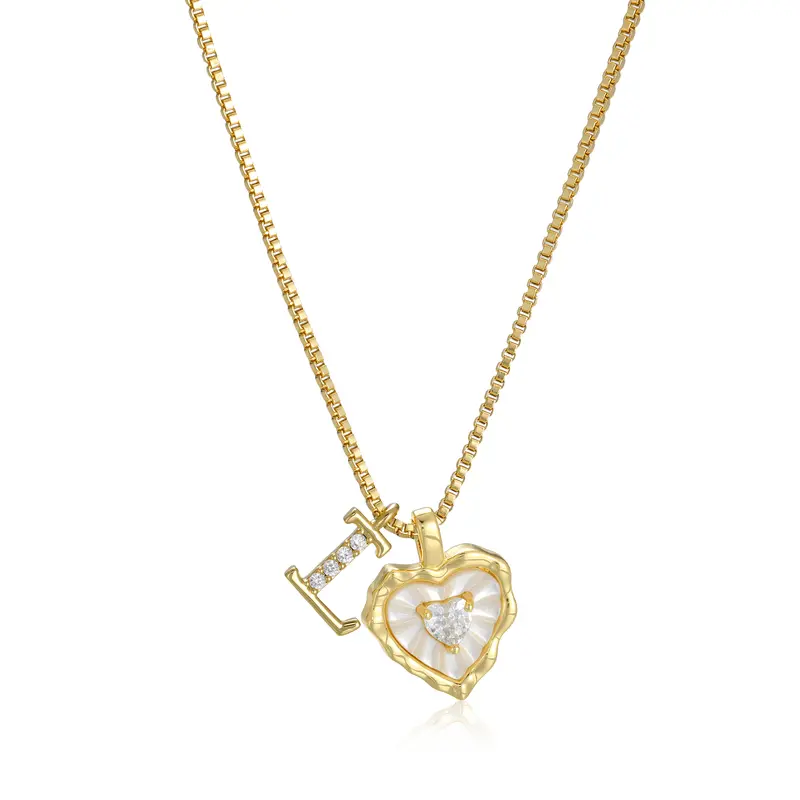 Gold Box Chain Scalloped Shell Heart CZ Initial Necklace, A-Z Micro Pave Letter Pendant, Valentine's Day Gift