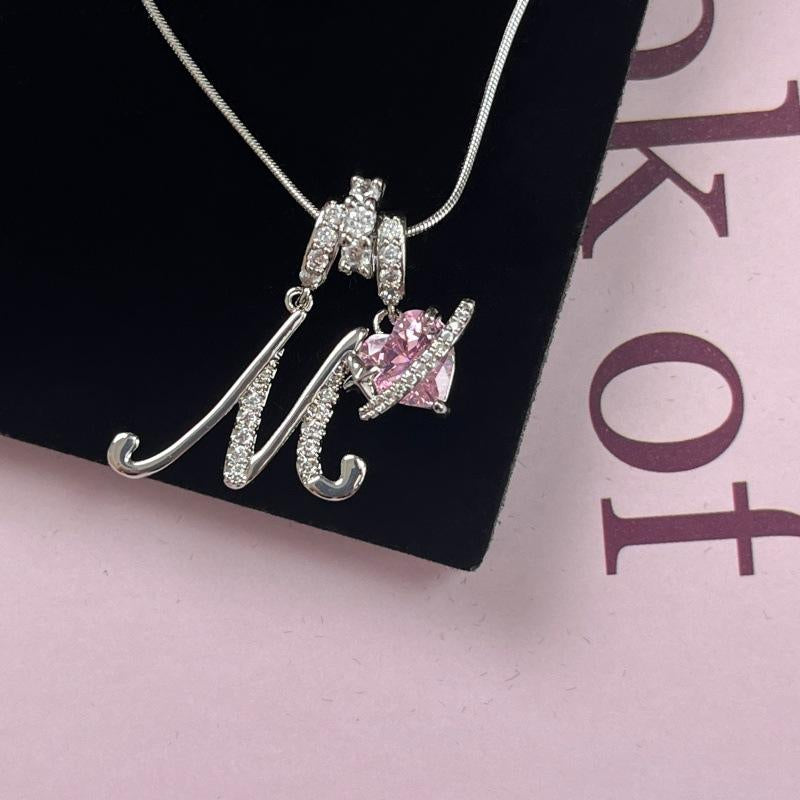 Personalized 3 Layered Initial Necklace for Women | 925 Sterling Silver Pink Heart CZ | Adjustable Snake Chain Choker | Custom Dainty Jewelry Gift
