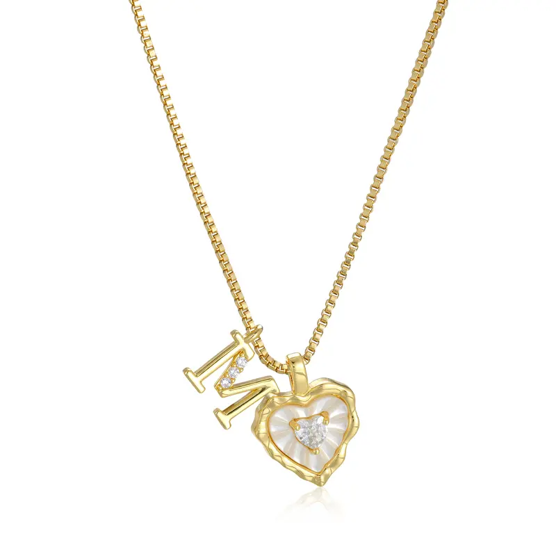 Gold Box Chain Scalloped Shell Heart CZ Initial Necklace, A-Z Micro Pave Letter Pendant, Valentine's Day Gift
