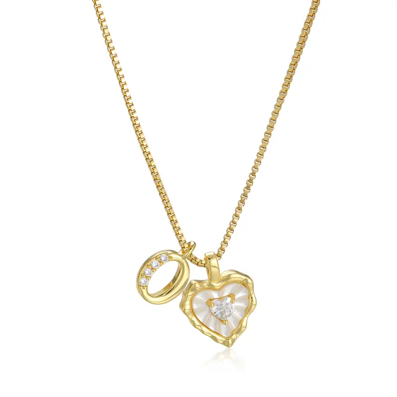 Gold Box Chain Scalloped Shell Heart CZ Initial Necklace, A-Z Micro Pave Letter Pendant, Valentine's Day Gift
