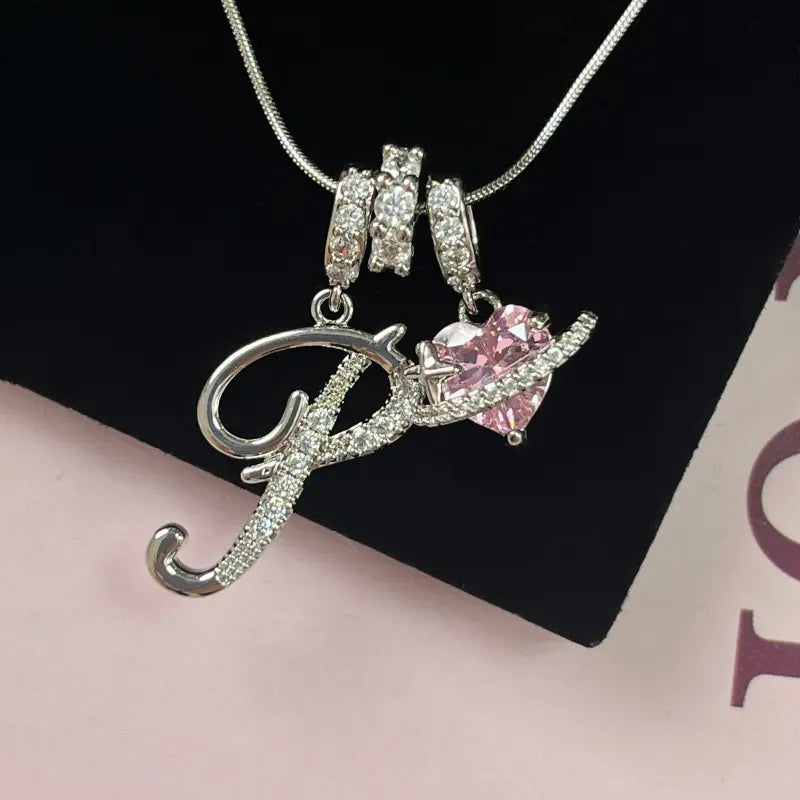 Personalized 3 Layered Initial Necklace for Women | 925 Sterling Silver Pink Heart CZ | Adjustable Snake Chain Choker | Custom Dainty Jewelry Gift
