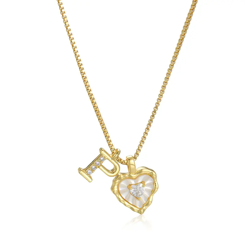 Gold Box Chain Scalloped Shell Heart CZ Initial Necklace, A-Z Micro Pave Letter Pendant, Valentine's Day Gift