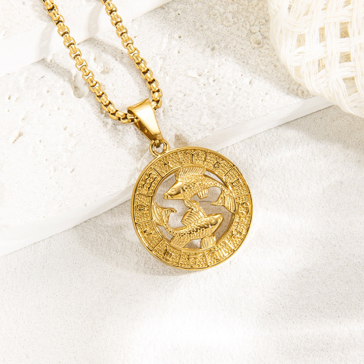 Gold Zodiac Constellation Pendant Necklace for Men Women, 12 Horoscope Sign Fashion Jewelry, Aries Leo Available