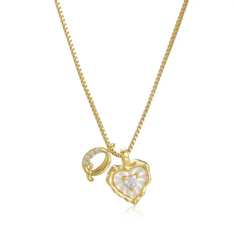 Gold Box Chain Scalloped Shell Heart CZ Initial Necklace, A-Z Micro Pave Letter Pendant, Valentine's Day Gift