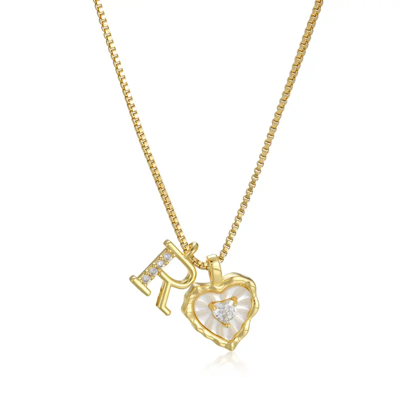 Gold Box Chain Scalloped Shell Heart CZ Initial Necklace, A-Z Micro Pave Letter Pendant, Valentine's Day Gift