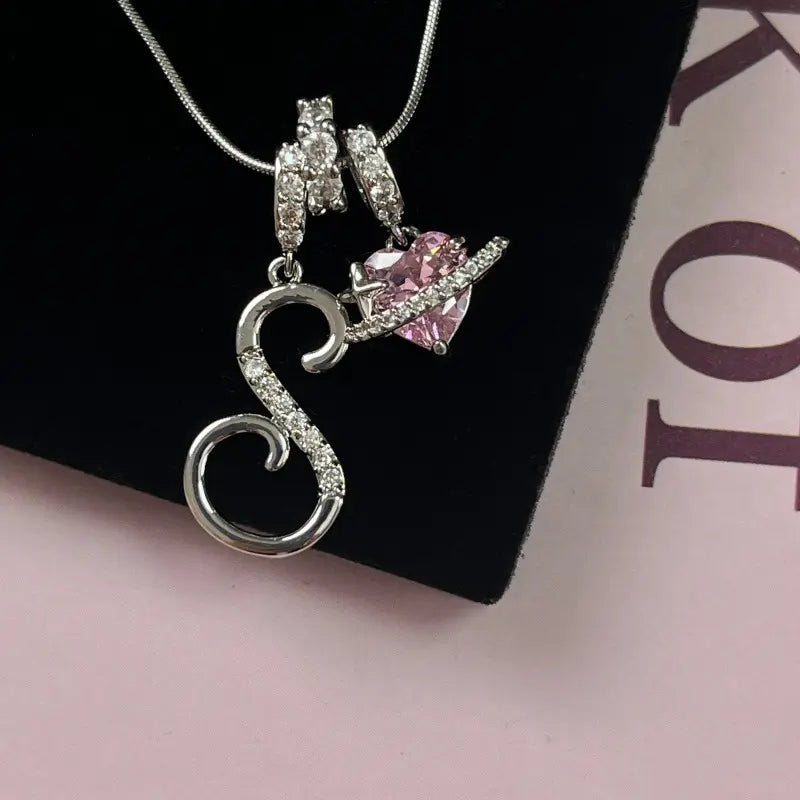 Personalized 3 Layered Initial Necklace for Women | 925 Sterling Silver Pink Heart CZ | Adjustable Snake Chain Choker | Custom Dainty Jewelry Gift