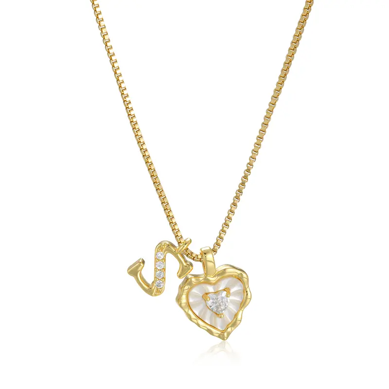 Gold Box Chain Scalloped Shell Heart CZ Initial Necklace, A-Z Micro Pave Letter Pendant, Valentine's Day Gift
