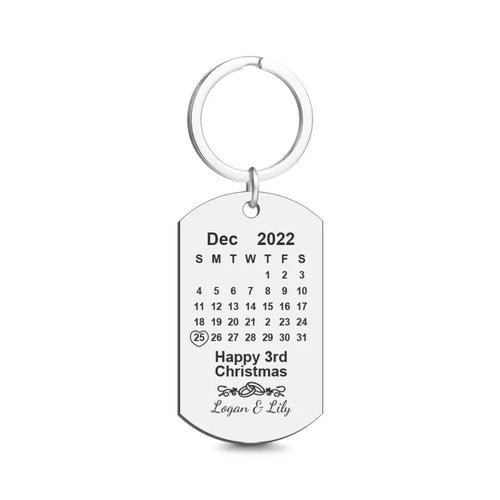 Custom Engraved Calendar Tag Keychain, Romantic Anniversary Keepsake Gift for Lovers, Christmas Present