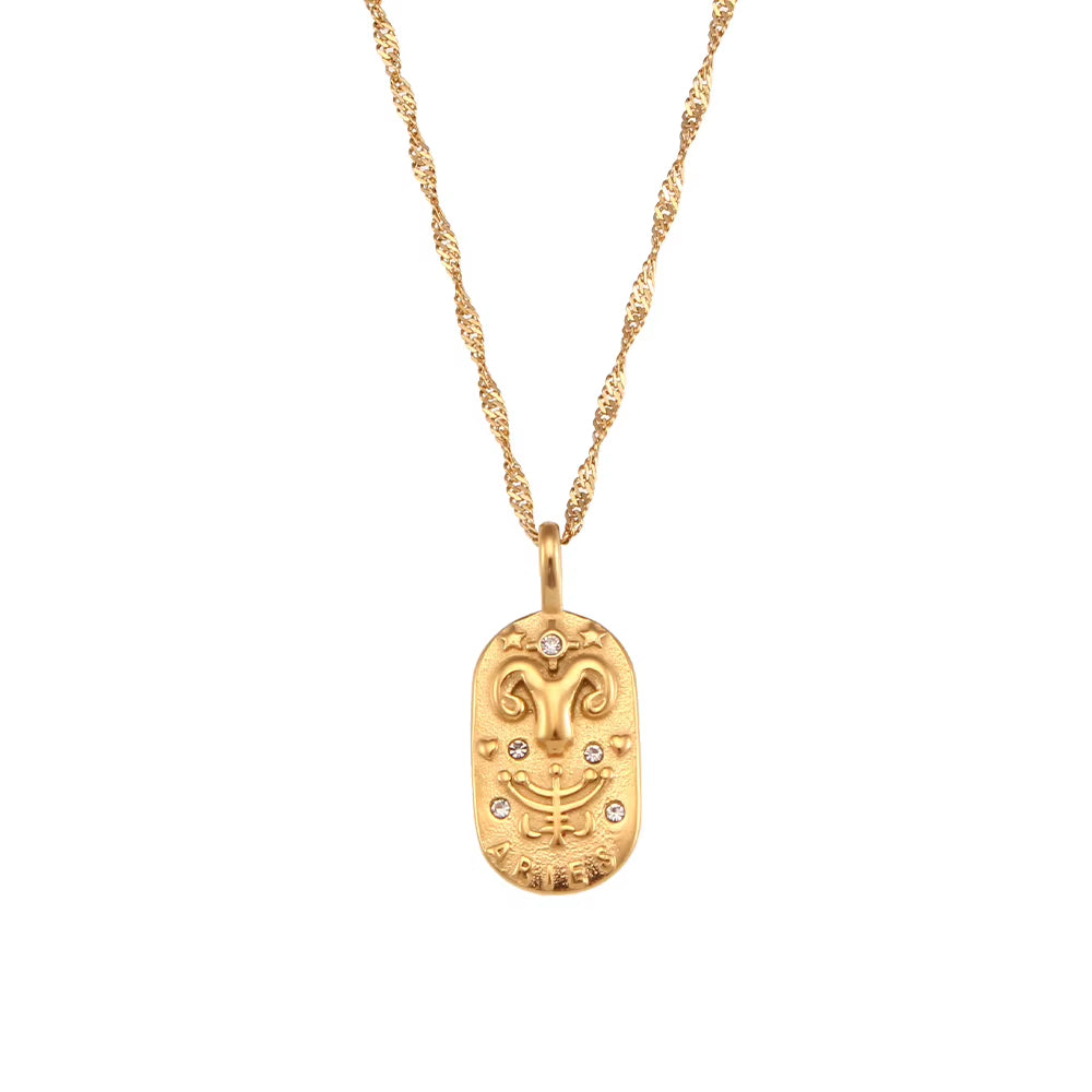 Trendy Square Stainless Steel Necklace for Women, Embossed 12 Zodiac Sign Pendant, PVD Gold Plating Jewelry