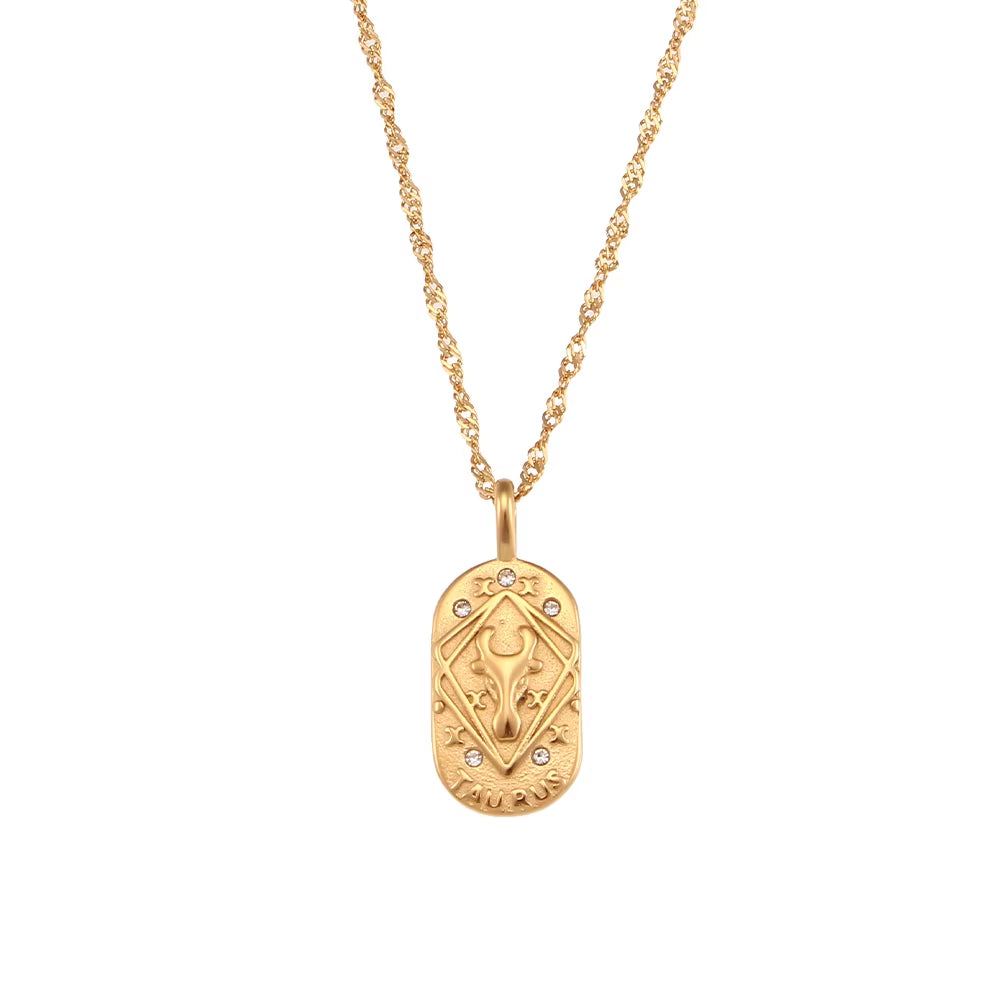 Trendy Square Stainless Steel Necklace for Women, Embossed 12 Zodiac Sign Pendant, PVD Gold Plating Jewelry