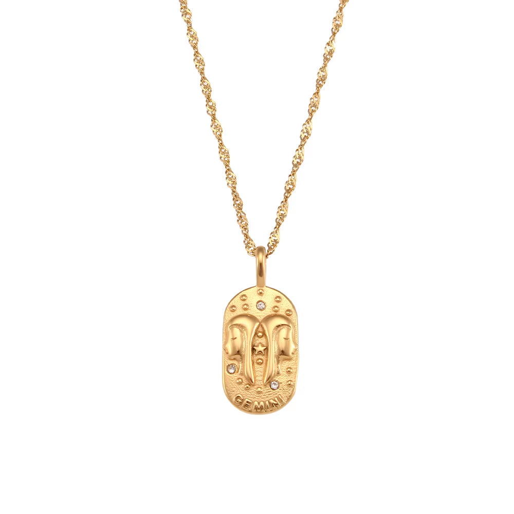 Trendy Square Stainless Steel Necklace for Women, Embossed 12 Zodiac Sign Pendant, PVD Gold Plating Jewelry