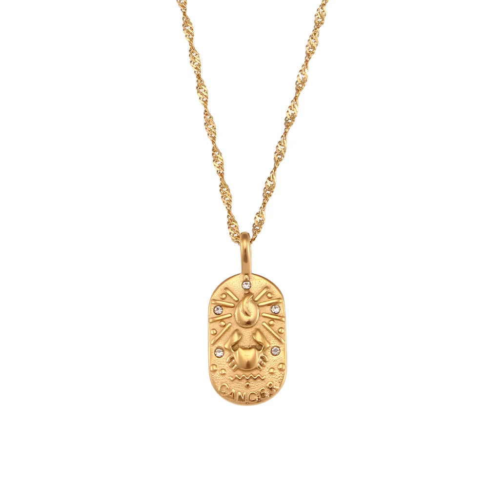 Trendy Square Stainless Steel Necklace for Women, Embossed 12 Zodiac Sign Pendant, PVD Gold Plating Jewelry