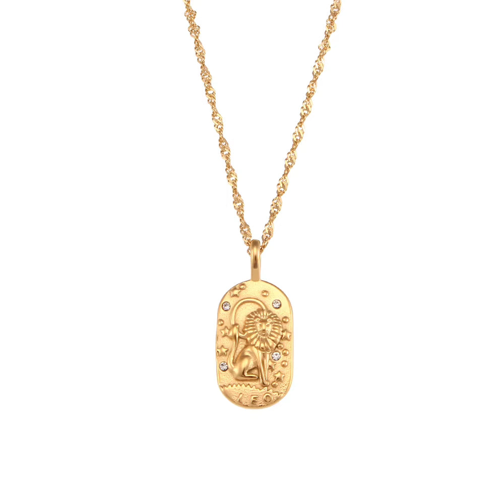 Trendy Square Stainless Steel Necklace for Women, Embossed 12 Zodiac Sign Pendant, PVD Gold Plating Jewelry