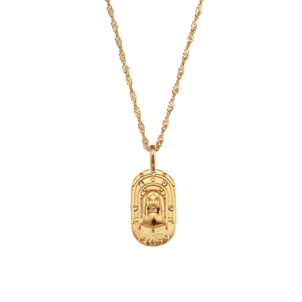 Trendy Square Stainless Steel Necklace for Women, Embossed 12 Zodiac Sign Pendant, PVD Gold Plating Jewelry