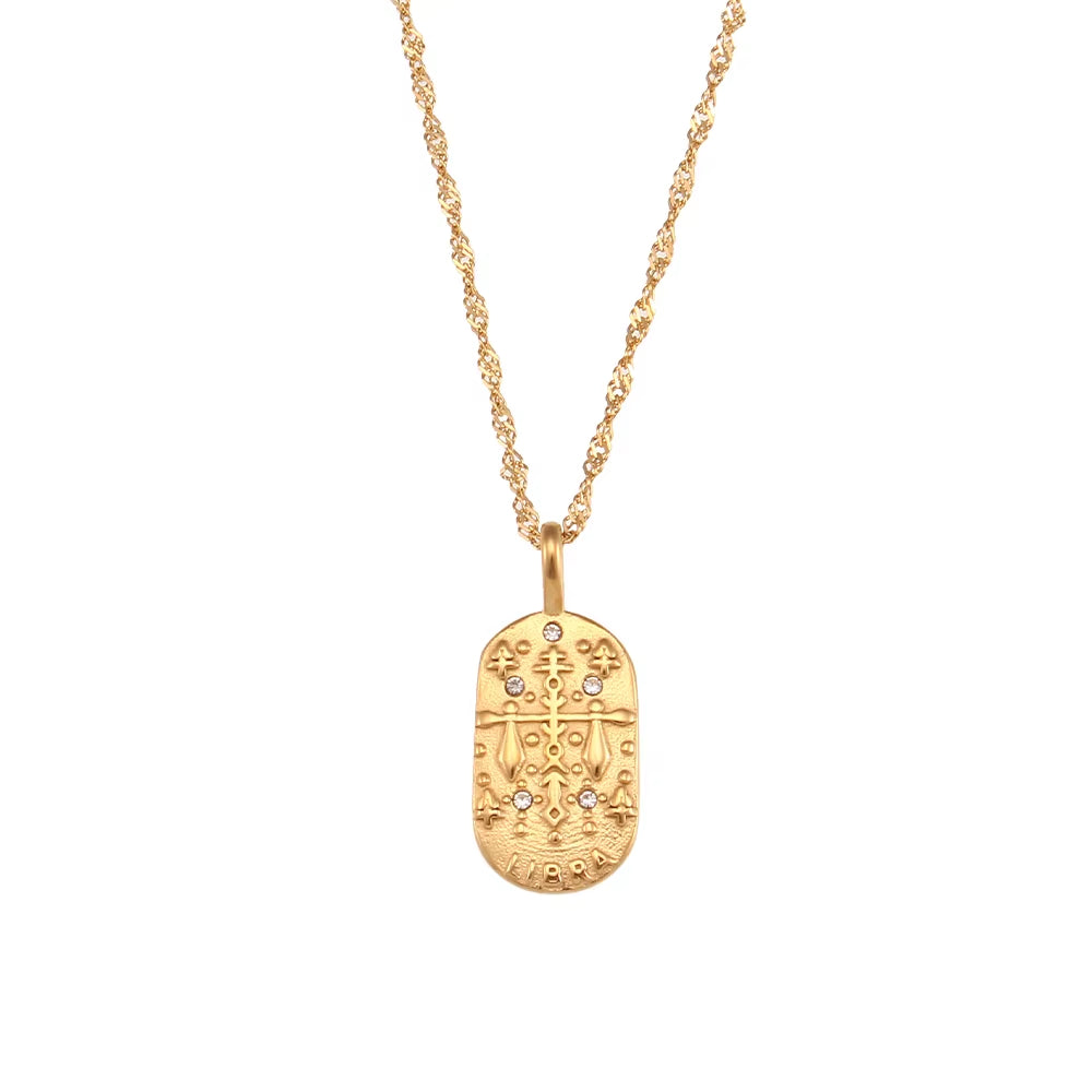 Trendy Square Stainless Steel Necklace for Women, Embossed 12 Zodiac Sign Pendant, PVD Gold Plating Jewelry