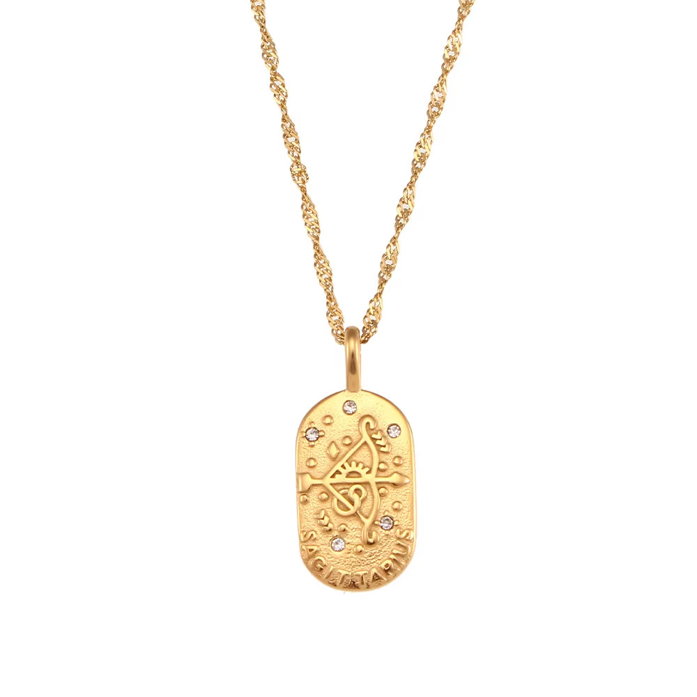 Trendy Square Stainless Steel Necklace for Women, Embossed 12 Zodiac Sign Pendant, PVD Gold Plating Jewelry
