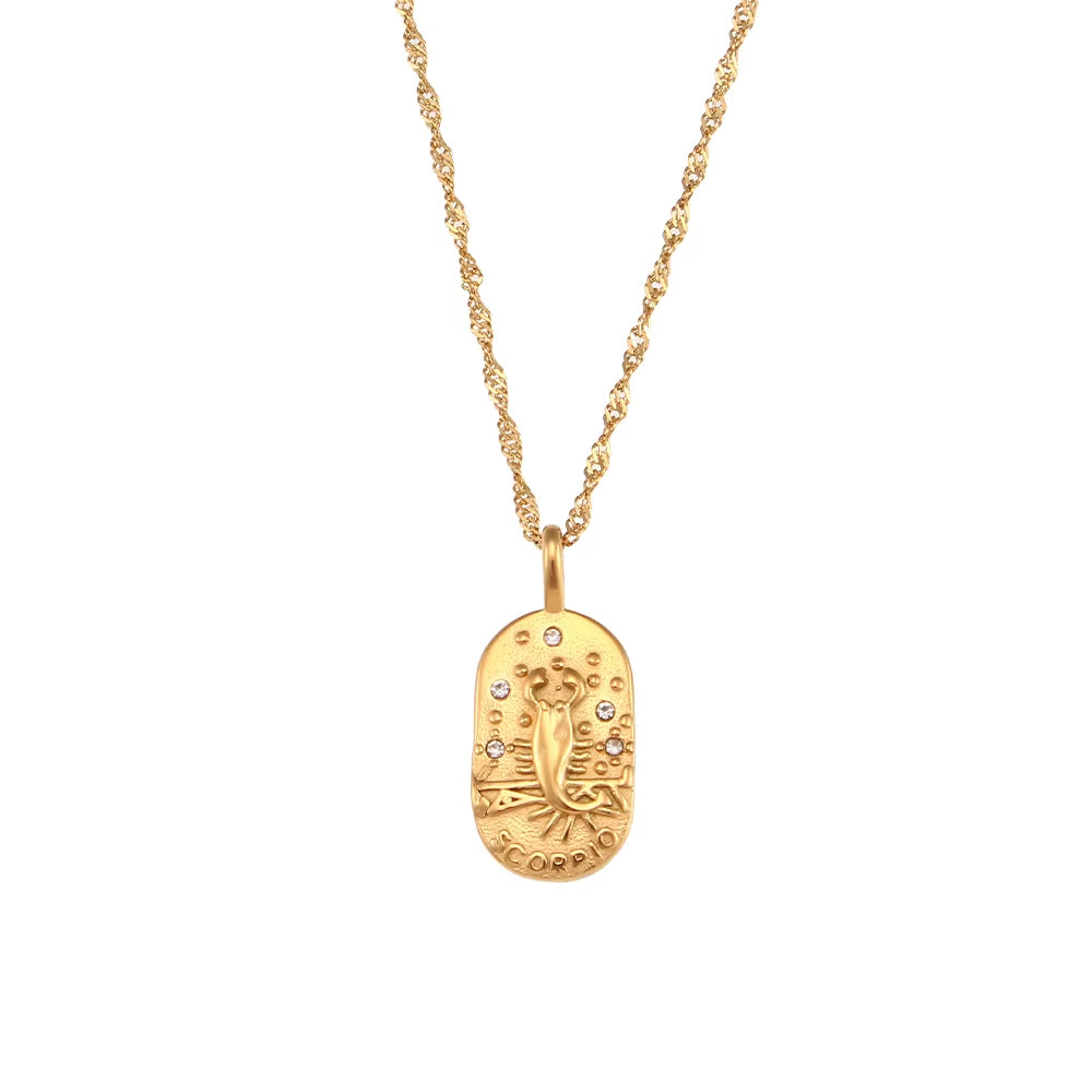 Trendy Square Stainless Steel Necklace for Women, Embossed 12 Zodiac Sign Pendant, PVD Gold Plating Jewelry