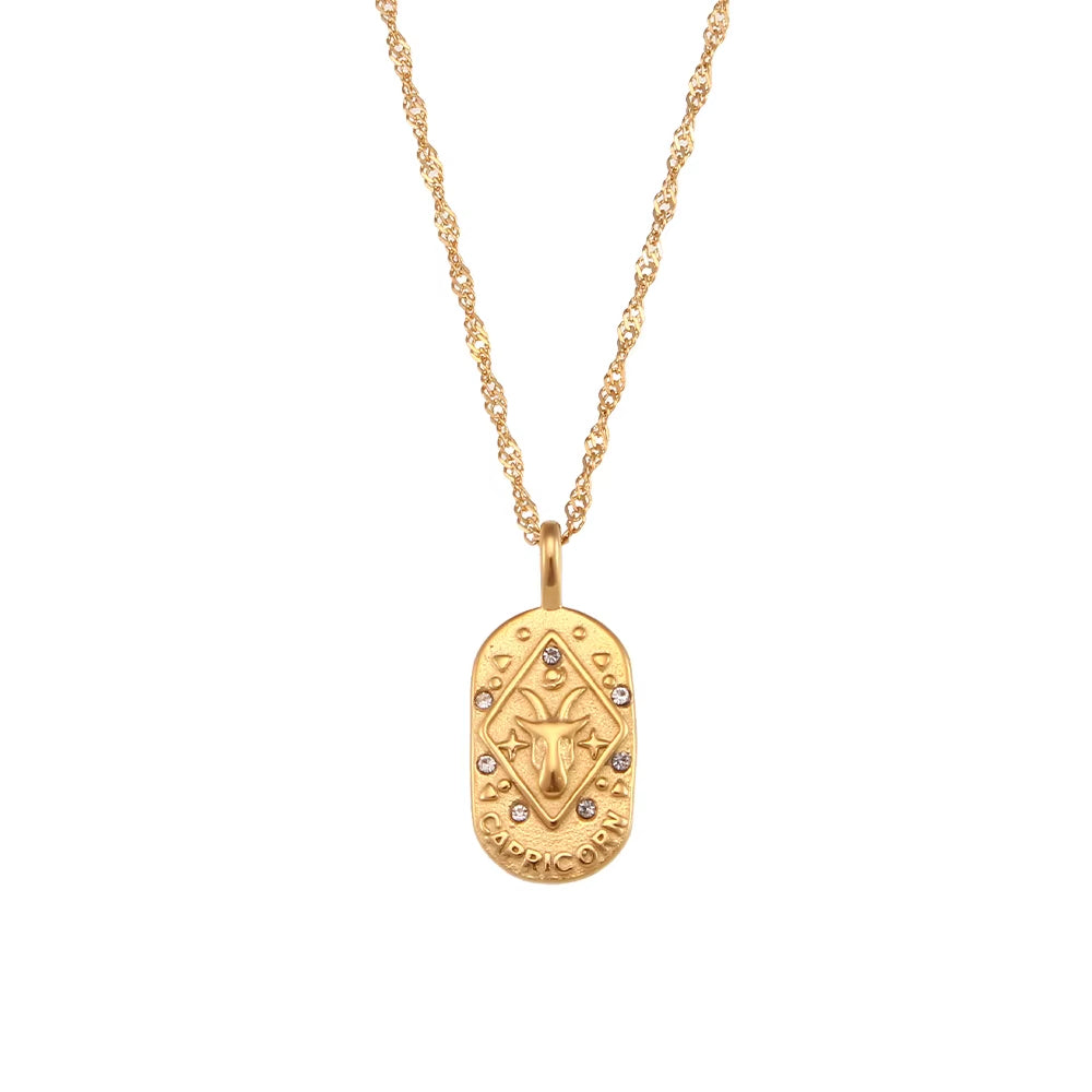 Trendy Square Stainless Steel Necklace for Women, Embossed 12 Zodiac Sign Pendant, PVD Gold Plating Jewelry