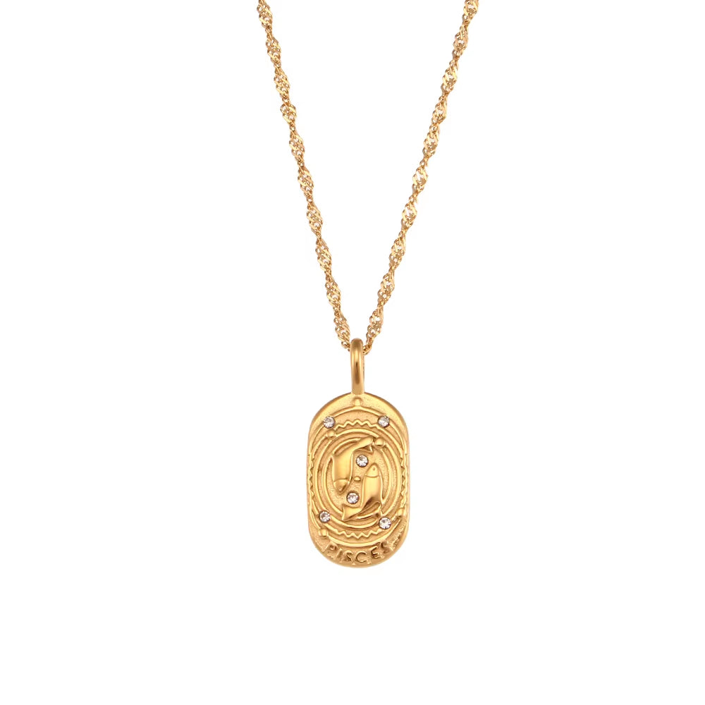Trendy Square Stainless Steel Necklace for Women, Embossed 12 Zodiac Sign Pendant, PVD Gold Plating Jewelry