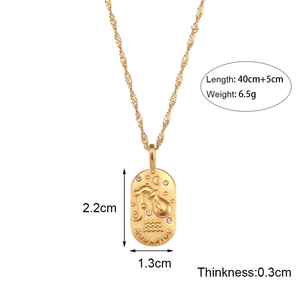 Trendy Square Stainless Steel Necklace for Women, Embossed 12 Zodiac Sign Pendant, PVD Gold Plating Jewelry