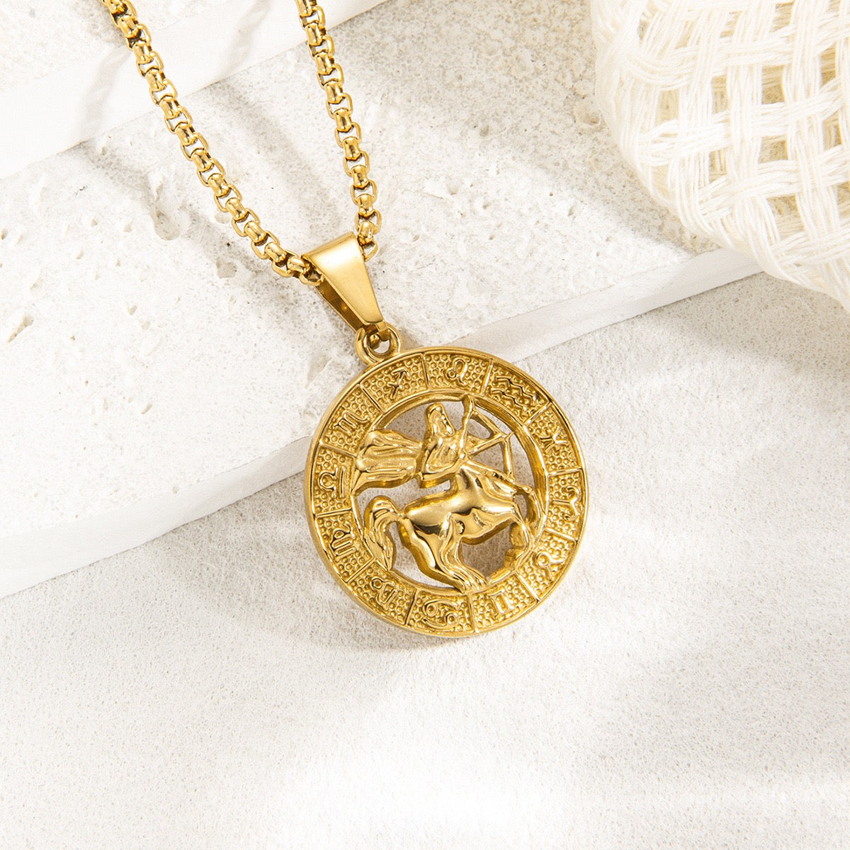 Gold Zodiac Constellation Pendant Necklace for Men Women, 12 Horoscope Sign Fashion Jewelry, Aries Leo Available