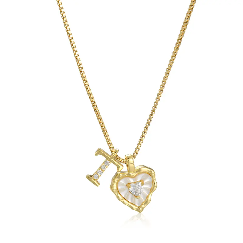 Gold Box Chain Scalloped Shell Heart CZ Initial Necklace, A-Z Micro Pave Letter Pendant, Valentine's Day Gift