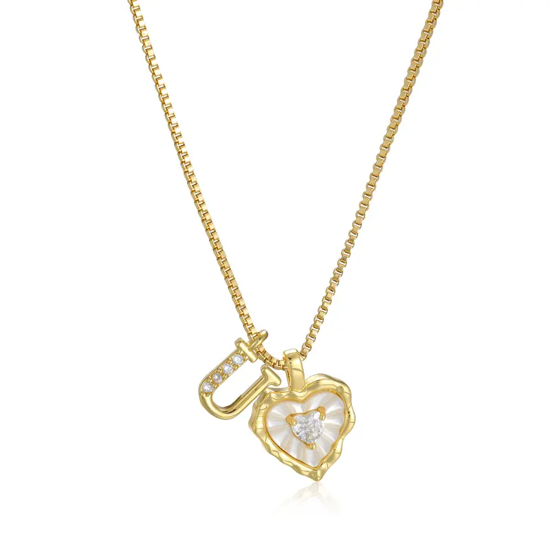 Gold Box Chain Scalloped Shell Heart CZ Initial Necklace, A-Z Micro Pave Letter Pendant, Valentine's Day Gift
