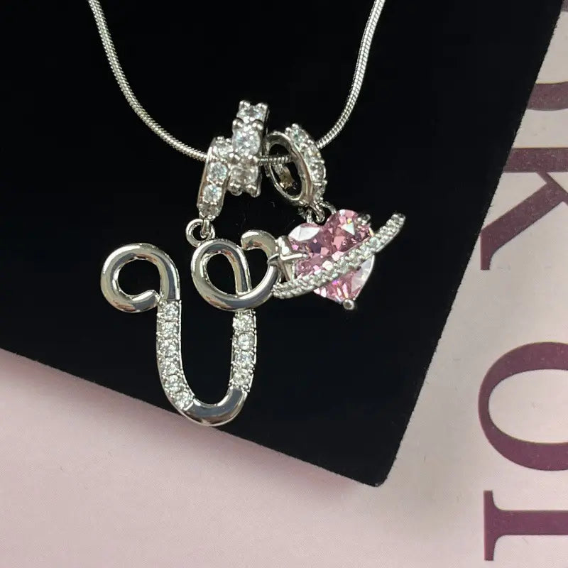 Personalized 3 Layered Initial Necklace for Women | 925 Sterling Silver Pink Heart CZ | Adjustable Snake Chain Choker | Custom Dainty Jewelry Gift