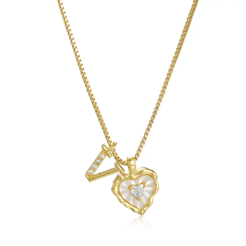 Gold Box Chain Scalloped Shell Heart CZ Initial Necklace, A-Z Micro Pave Letter Pendant, Valentine's Day Gift