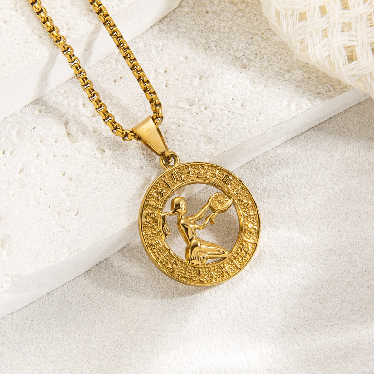 Gold Zodiac Constellation Pendant Necklace for Men Women, 12 Horoscope Sign Fashion Jewelry, Aries Leo Available