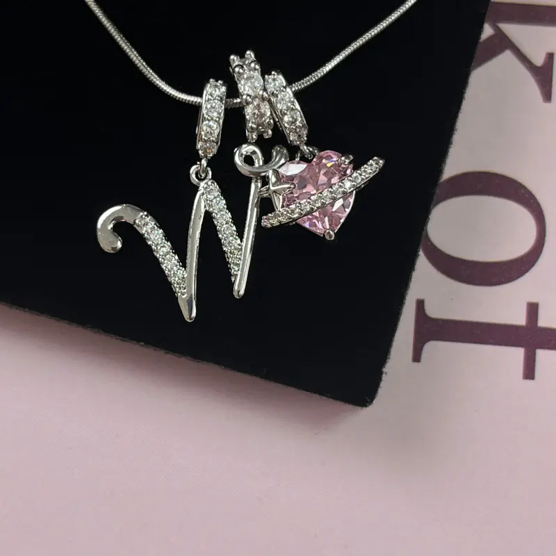 Personalized 3 Layered Initial Necklace for Women | 925 Sterling Silver Pink Heart CZ | Adjustable Snake Chain Choker | Custom Dainty Jewelry Gift