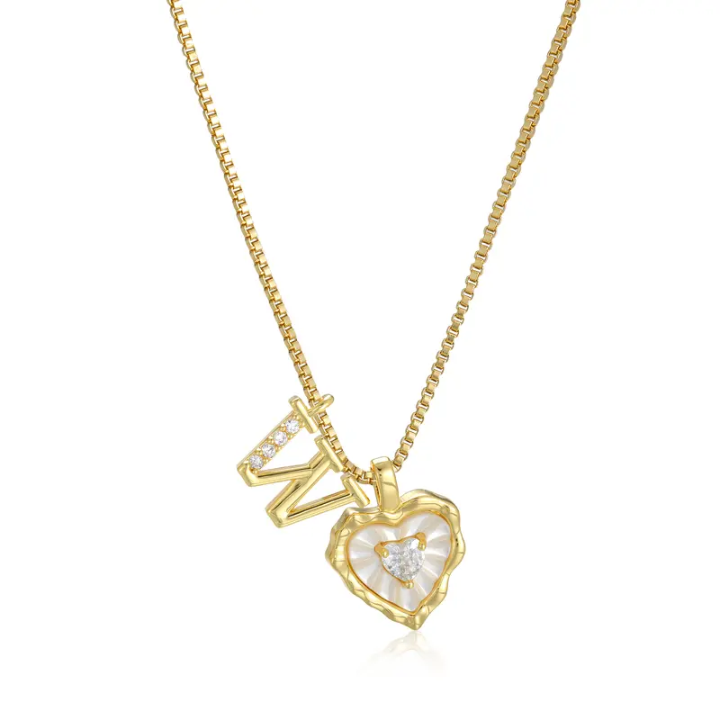 Gold Box Chain Scalloped Shell Heart CZ Initial Necklace, A-Z Micro Pave Letter Pendant, Valentine's Day Gift