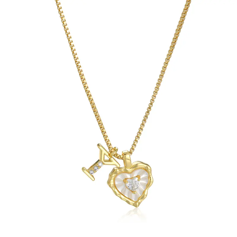 Gold Box Chain Scalloped Shell Heart CZ Initial Necklace, A-Z Micro Pave Letter Pendant, Valentine's Day Gift