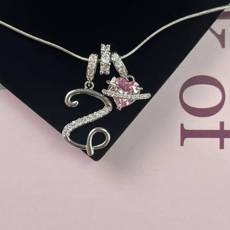 Personalized 3 Layered Initial Necklace for Women | 925 Sterling Silver Pink Heart CZ | Adjustable Snake Chain Choker | Custom Dainty Jewelry Gift