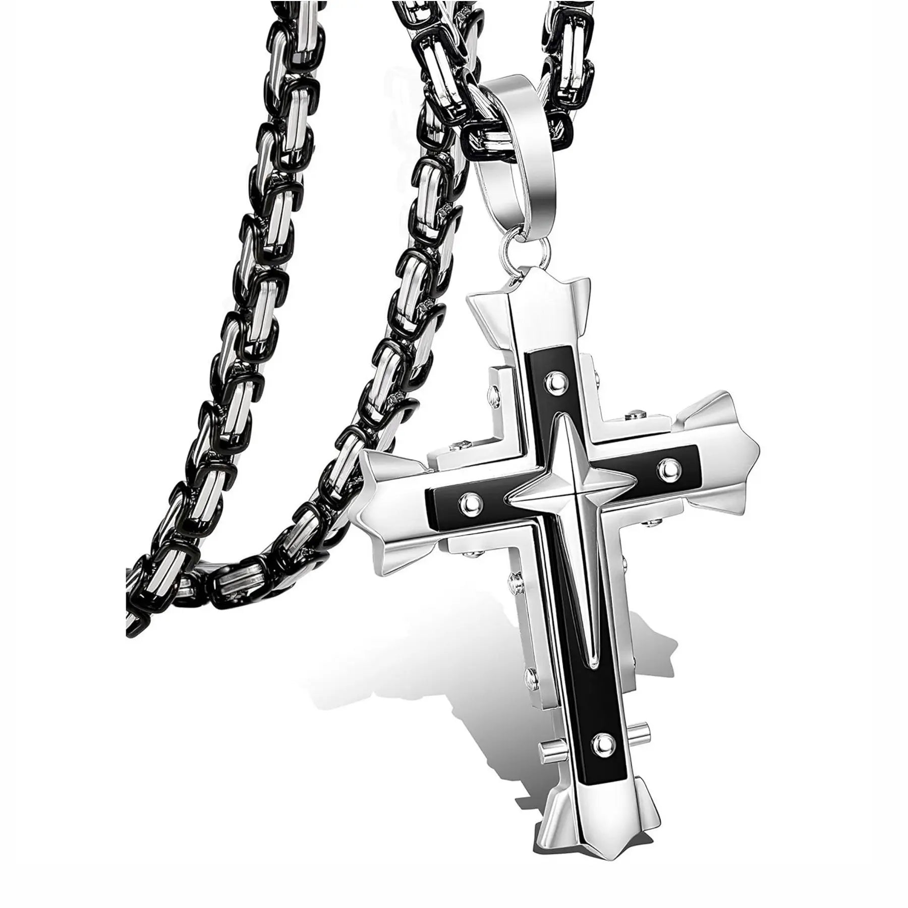 Men’s 14K Gold Plated Cross Pendant Necklace, 24 Inch Stainless Steel Byzantine Chain, Black Religious Jewelry Gift for Him