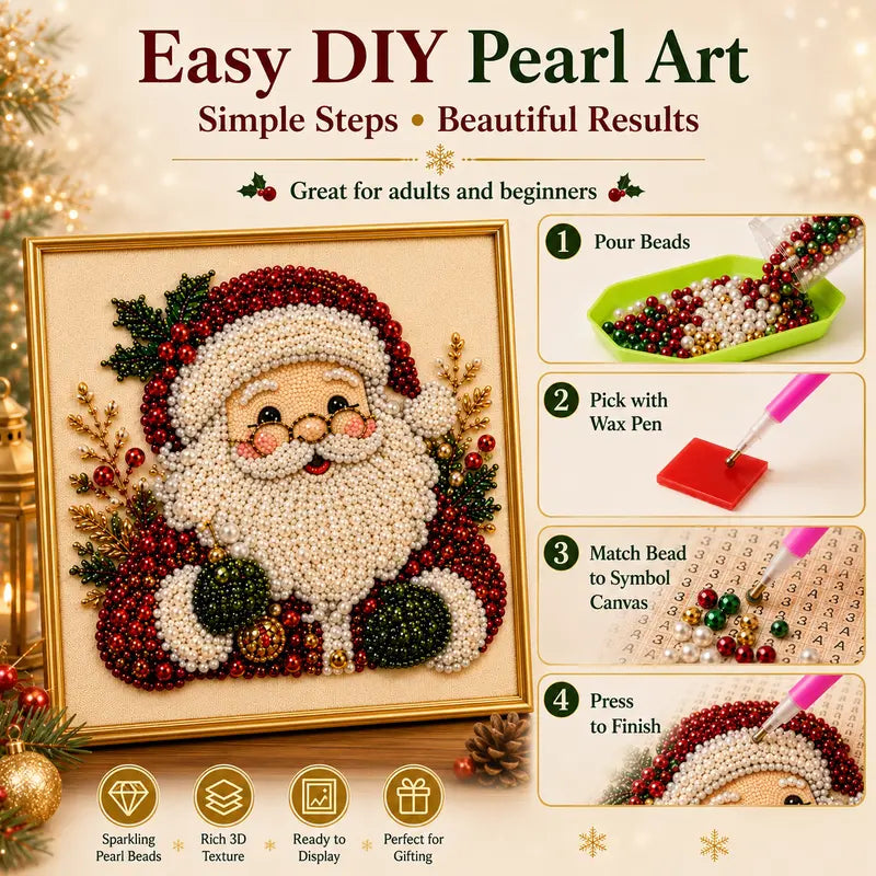 Frameless 3D Beaded Pearl Christmas Diamond Painting DIY Kit, Xmas Wreath Stocking Mosaic Art, Stress Relief Craft for Home Wall Decoration