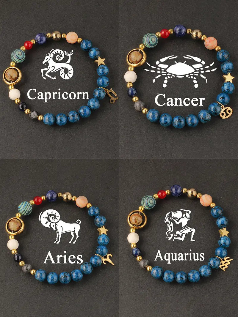 12 Zodiac Artificial Crystal Beaded Bracelet with Charms | Unisex Fashion Jewelry