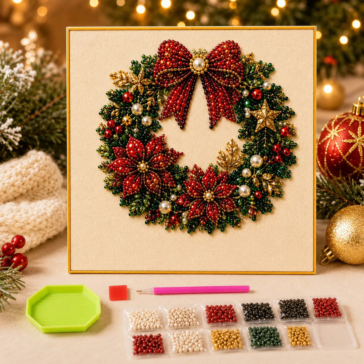 Frameless 3D Beaded Pearl Christmas Diamond Painting DIY Kit, Xmas Wreath Stocking Mosaic Art, Stress Relief Craft for Home Wall Decoration