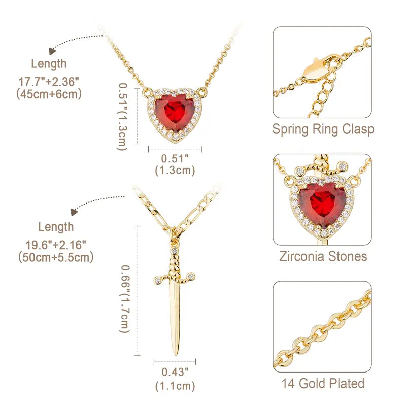 Dainty 14K Gold Plated Heart & Cross Dagger Pendant Necklace with Cubic Zirconia
